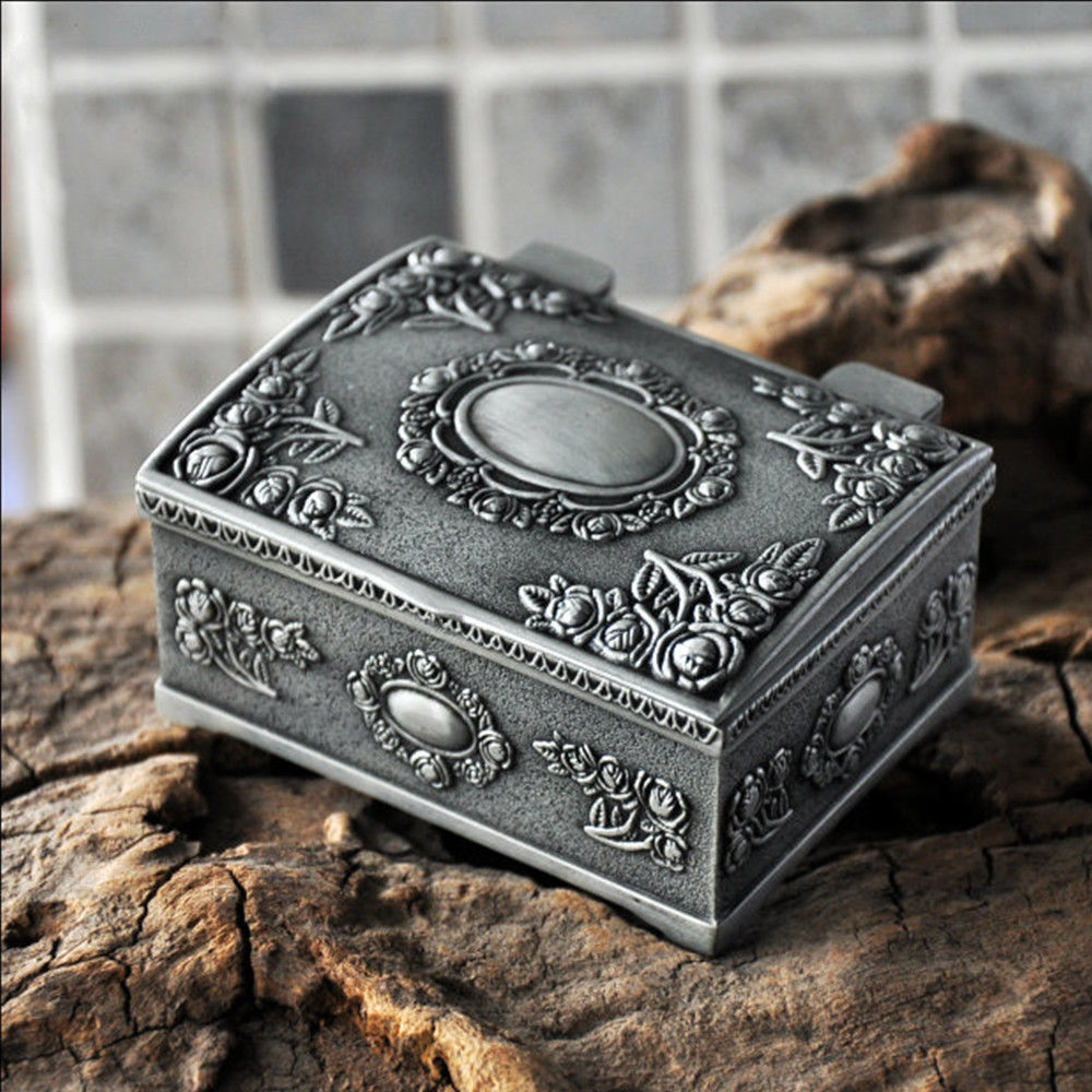 Small vintage antique silver-tone trinket box