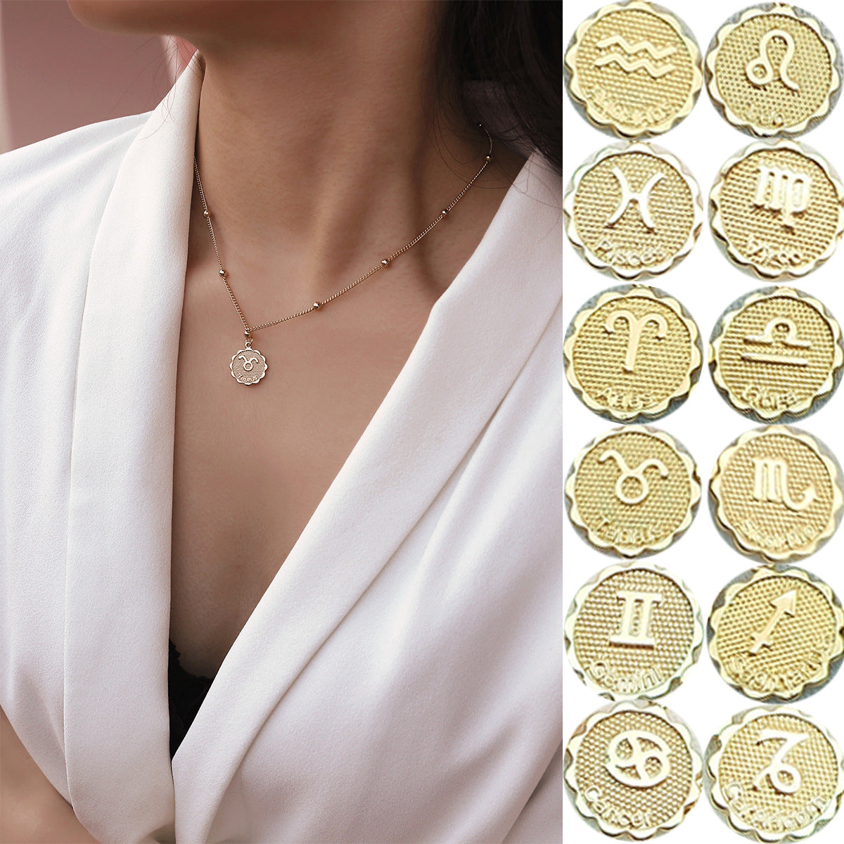 Dainty zodiac coin pendant necklace