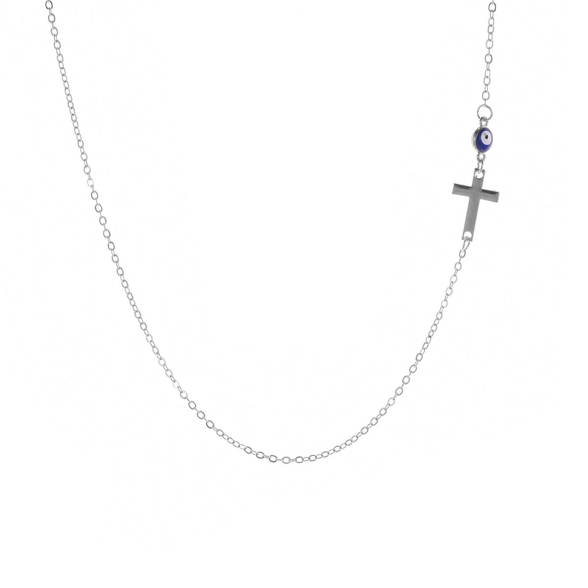 Dainty sideways cross necklace with a blue evil eye bead – photo 2