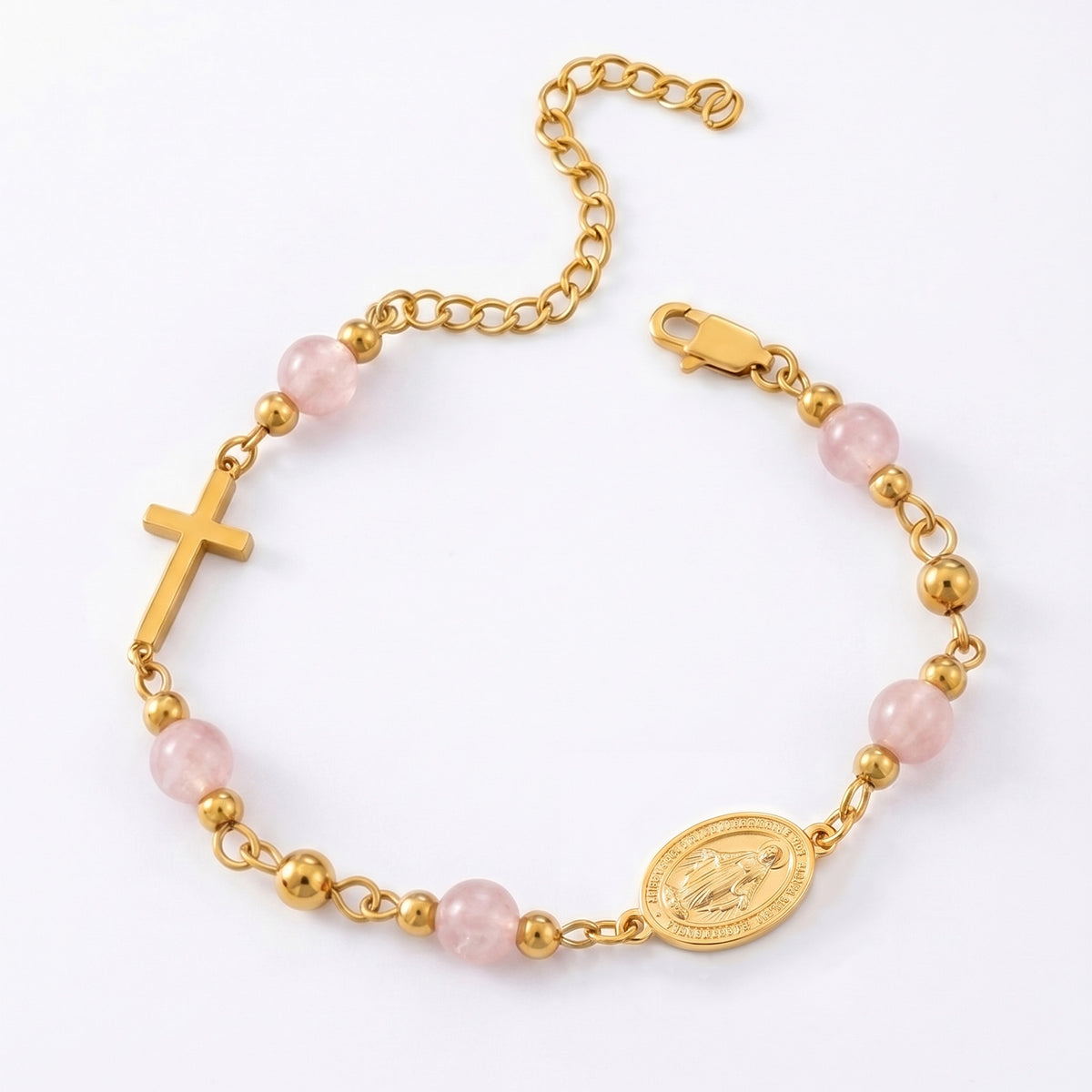 Gold-tone Miraculous Medal cross bracelet with stone beads – photo 11