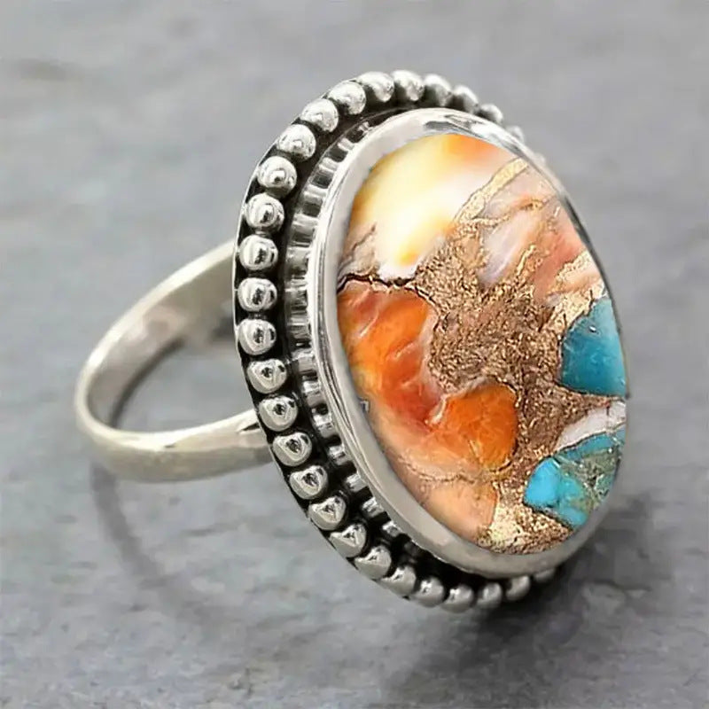 Vintage silver-tone oval statement ring with multicolor stone – photo 2
