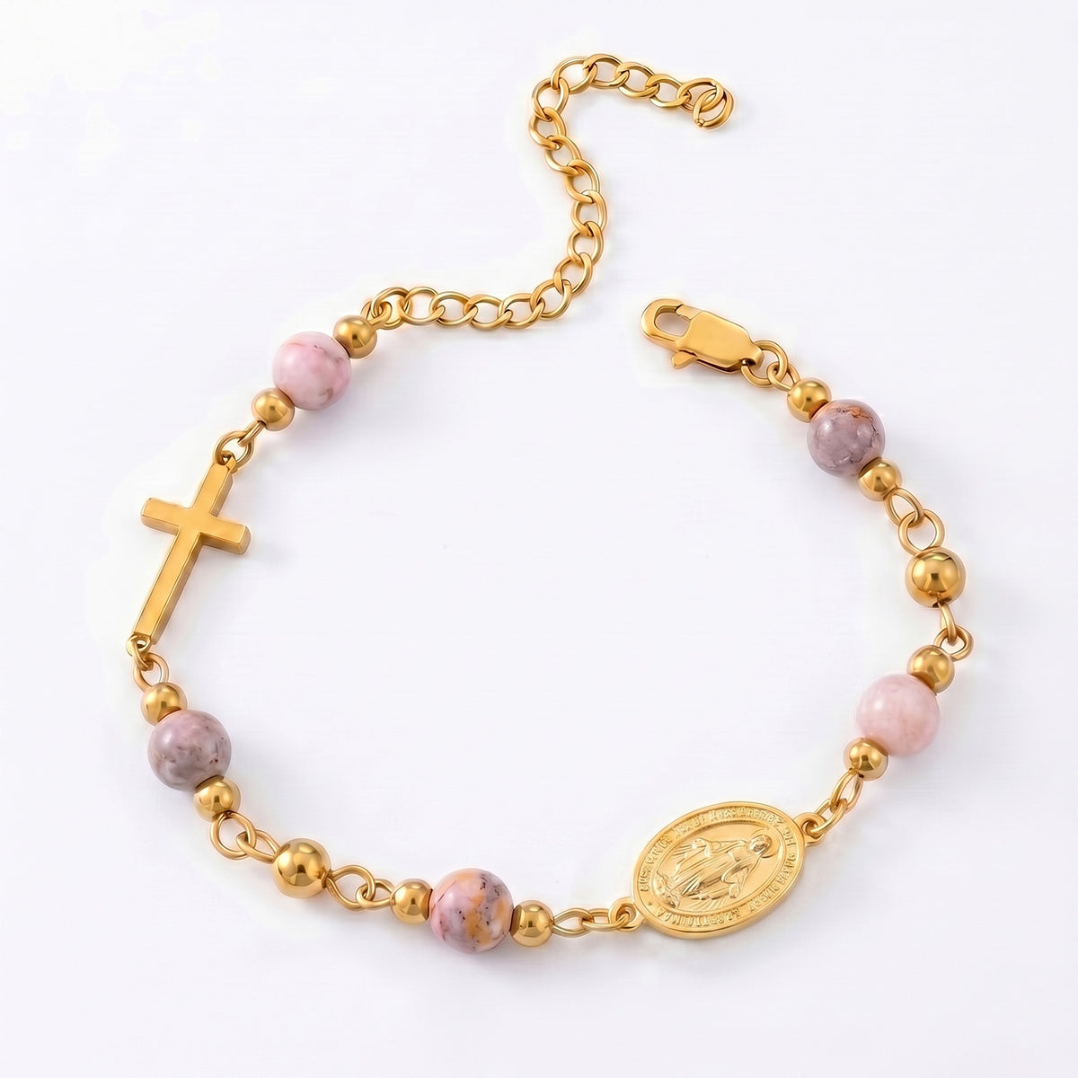 Gold-tone Miraculous Medal cross bracelet with stone beads – photo 5