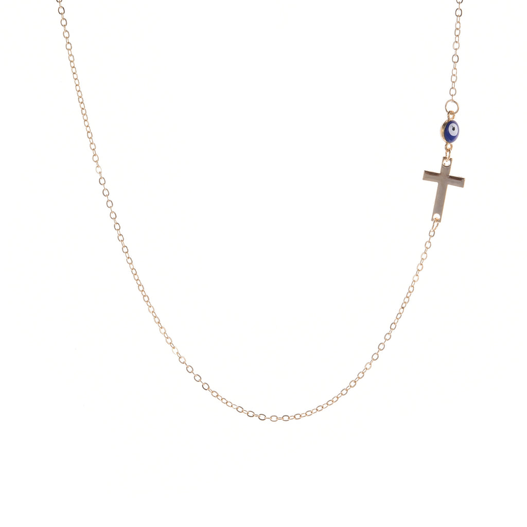 Dainty sideways cross necklace with a blue evil eye bead – photo 4