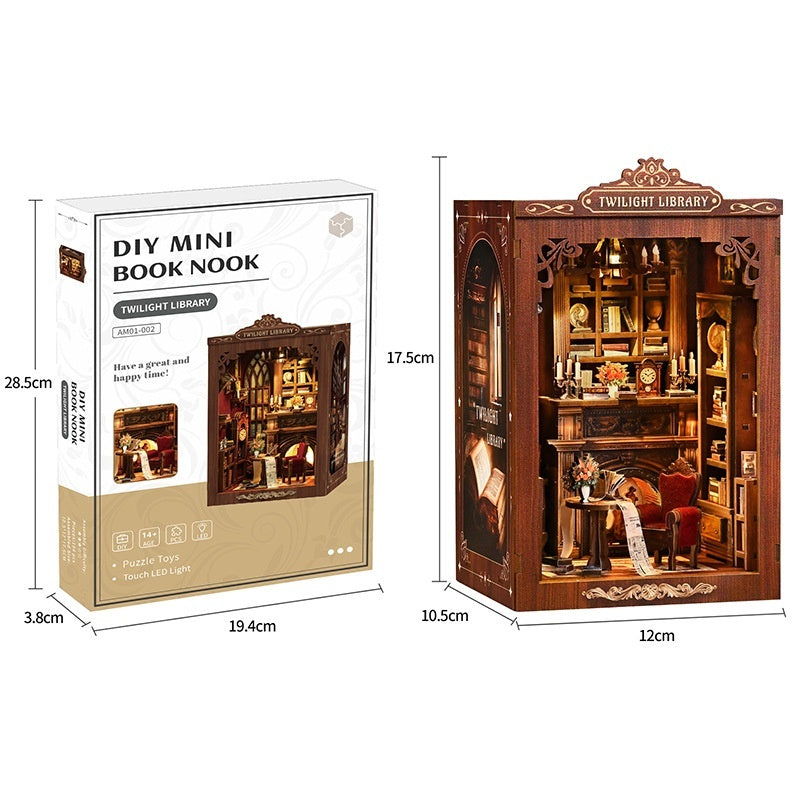 Twilight Library book nook kit lit up on a bookshelf – photo 2