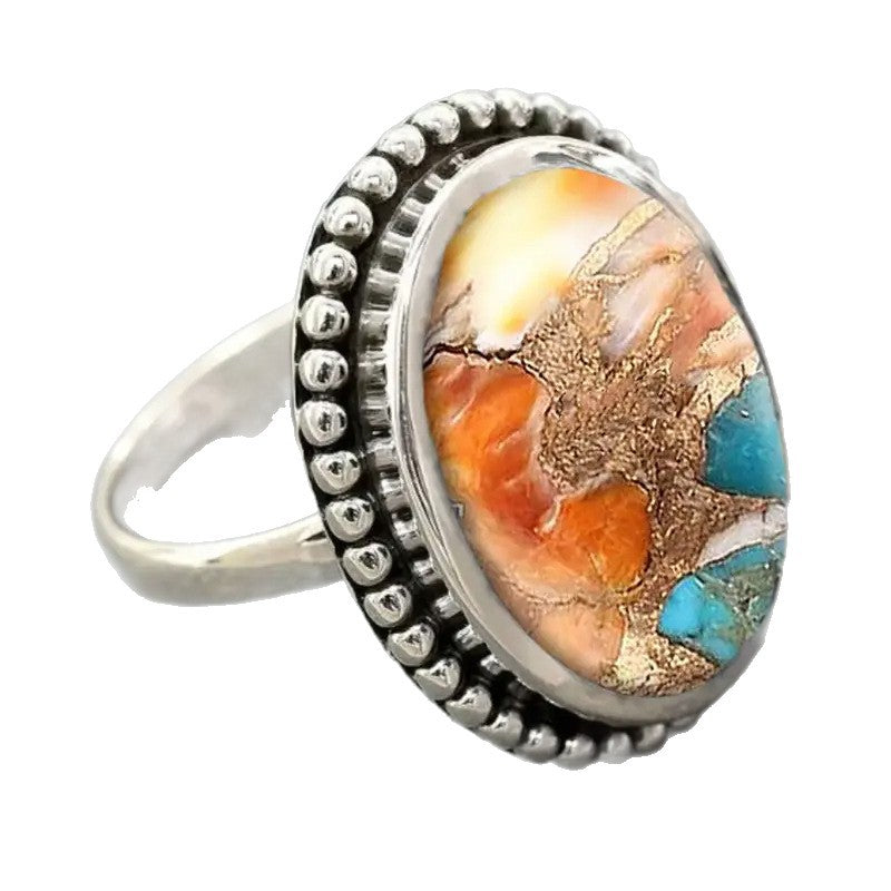 Vintage silver-tone oval statement ring with multicolor stone