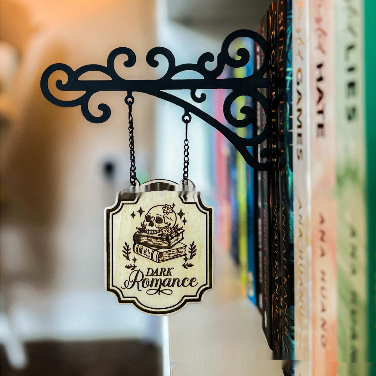 Book nook sign divider with Dark Romance sign between books