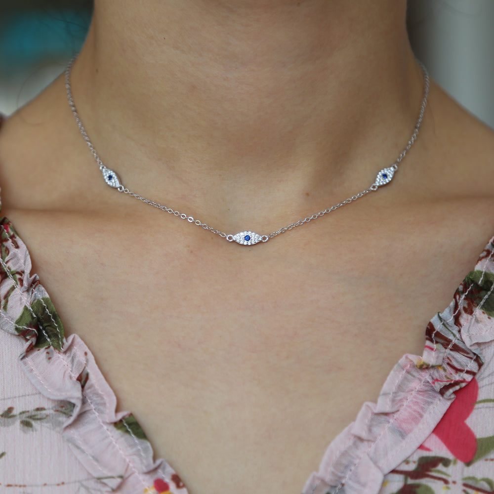 Dainty evil eye station necklace with three blue eye charms – photo 6