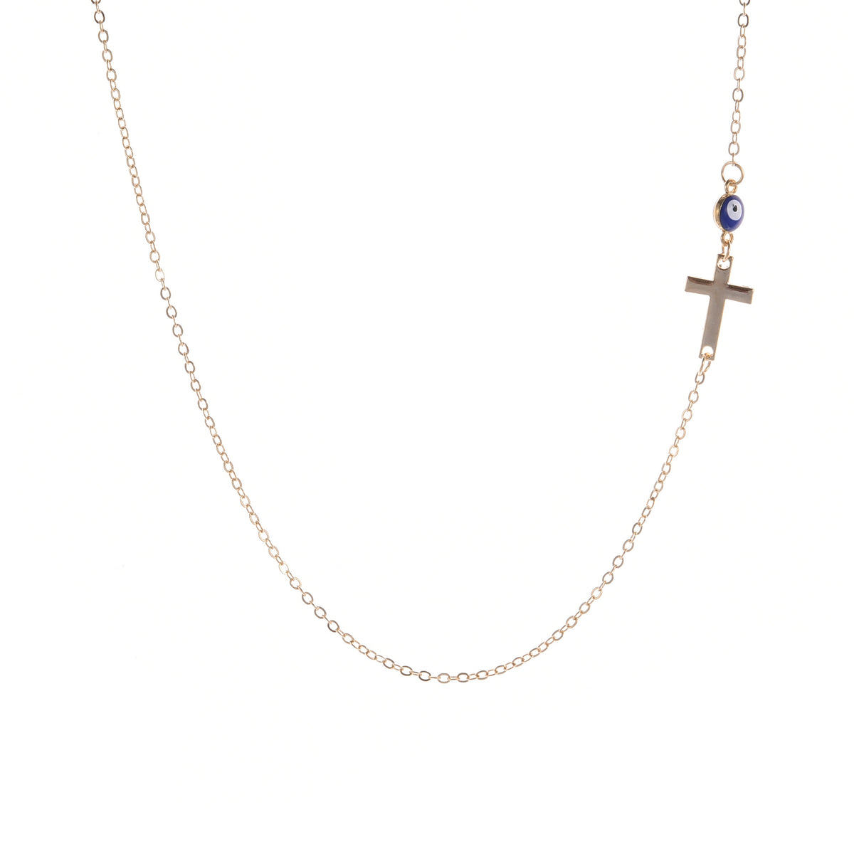 Dainty sideways cross necklace with a blue evil eye bead – photo 3