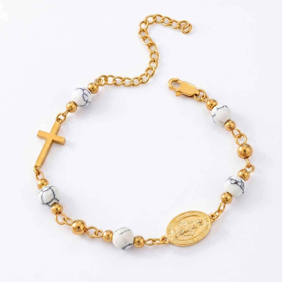 Gold-tone Miraculous Medal cross bracelet with stone beads – photo 6