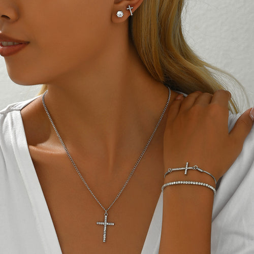 Silver-tone cross necklace, earrings and bracelet set – photo 2