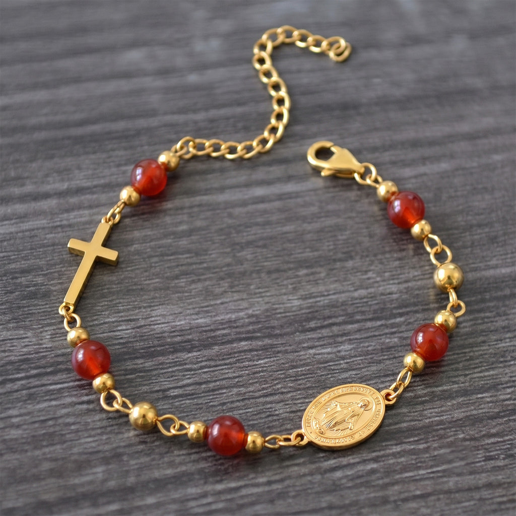 Gold-tone Miraculous Medal cross bracelet with stone beads – photo 10