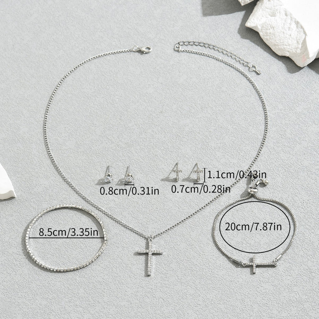 Silver-tone cross necklace, earrings and bracelet set – photo 4
