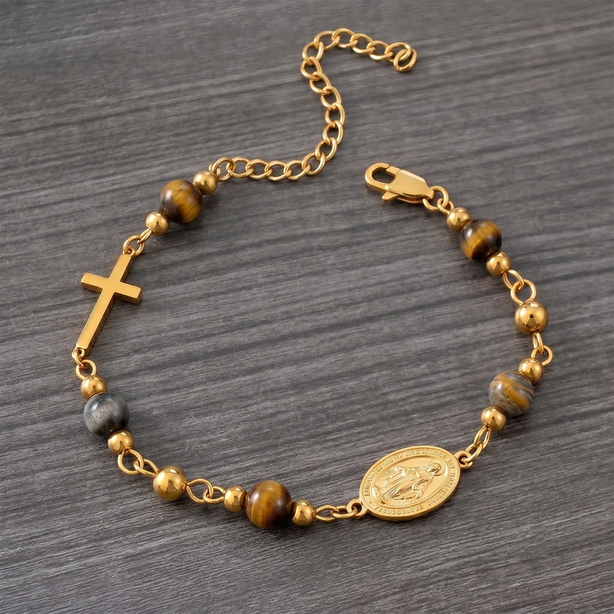 Gold-tone Miraculous Medal cross bracelet with stone beads – photo 9