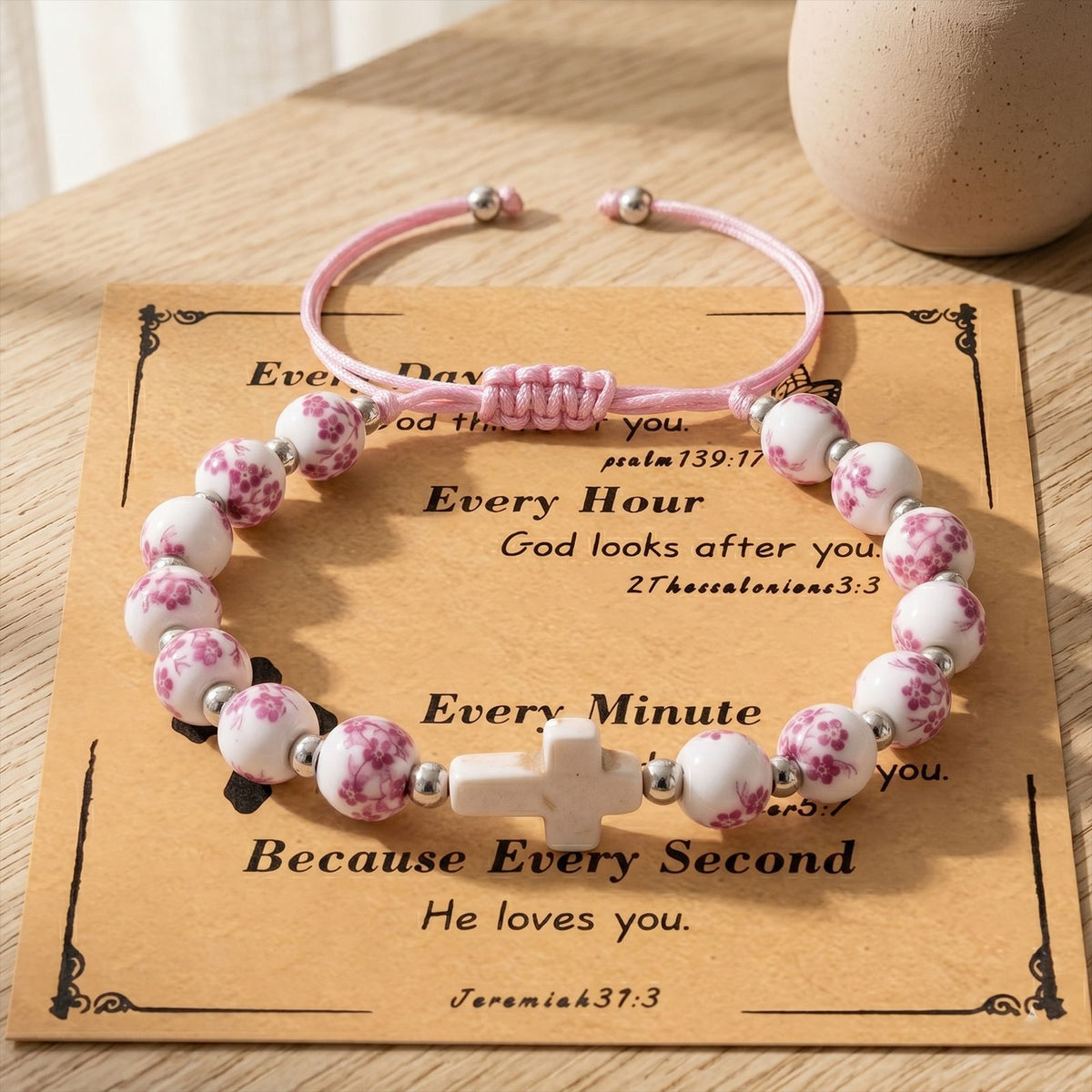Porcelain bead cross bracelet with scripture card – photo 2