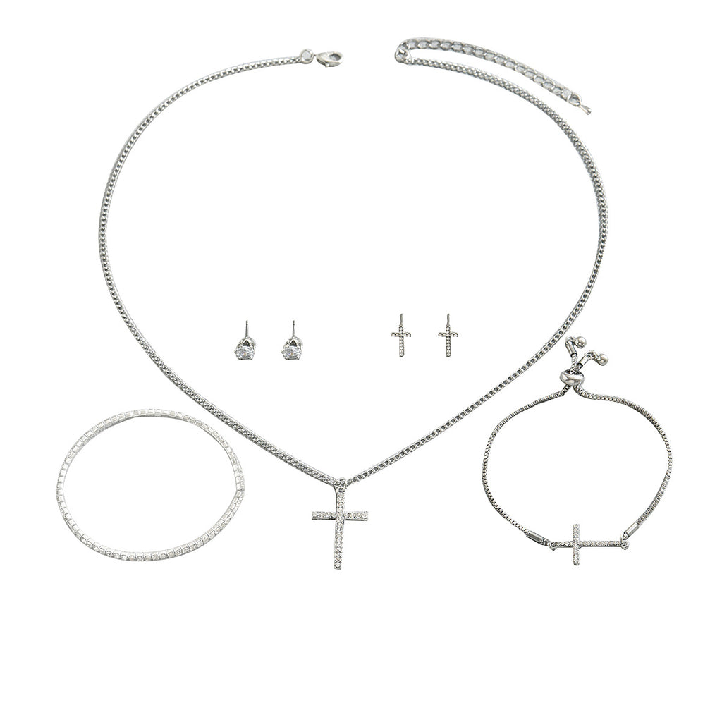 Silver-tone cross necklace, earrings and bracelet set – photo 3