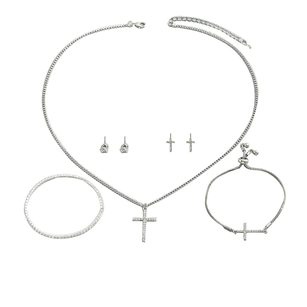 Silver-tone cross necklace, earrings and bracelet set – photo 3