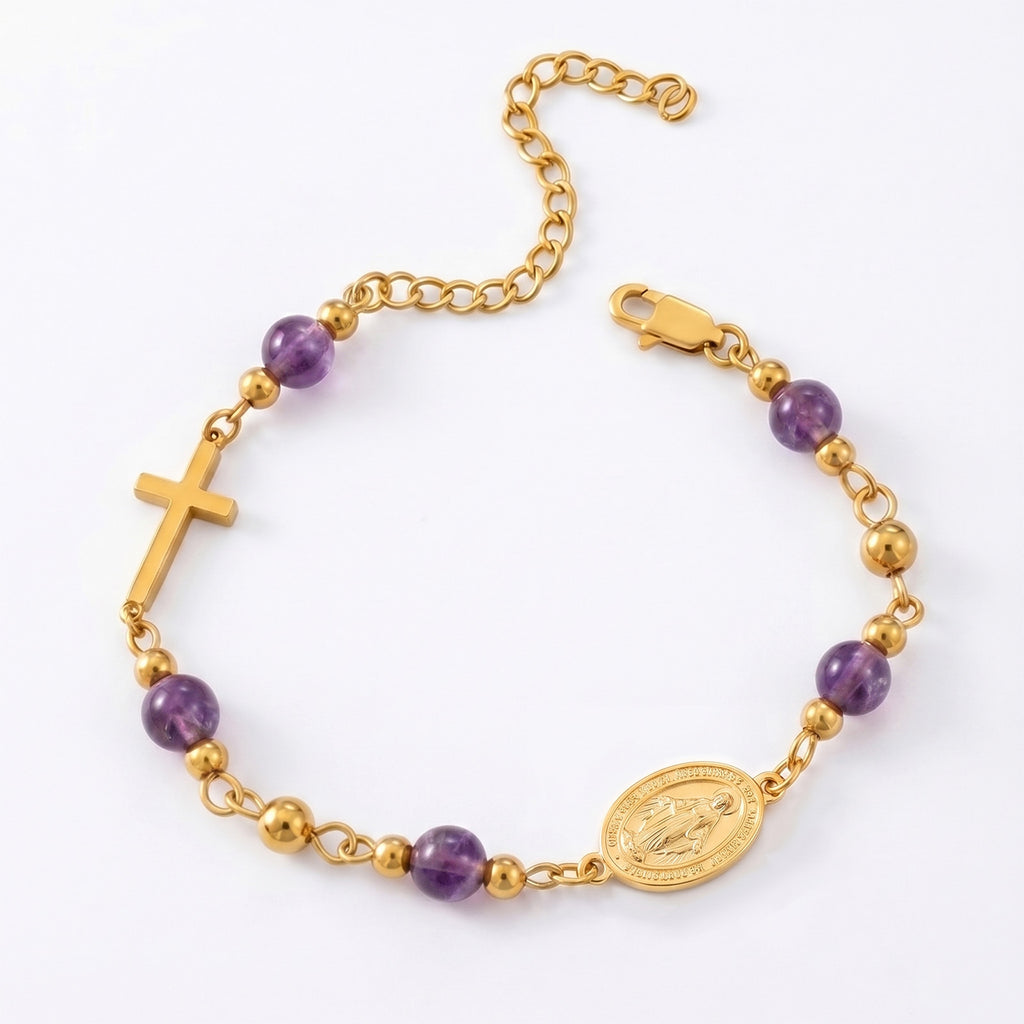 Gold-tone Miraculous Medal cross bracelet with stone beads – photo 2