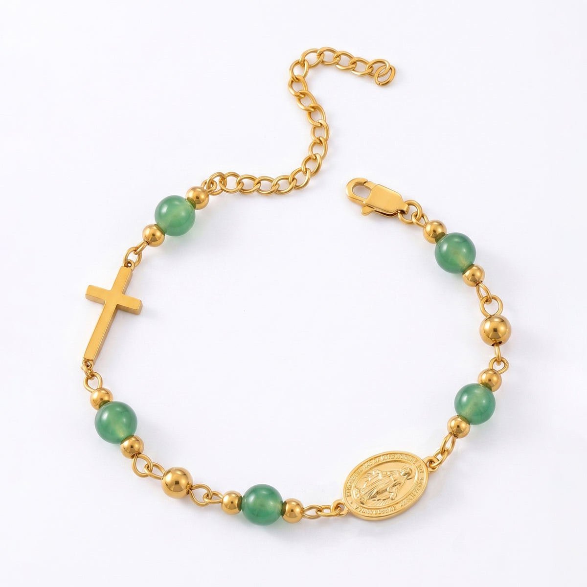 Gold-tone Miraculous Medal cross bracelet with stone beads – photo 4