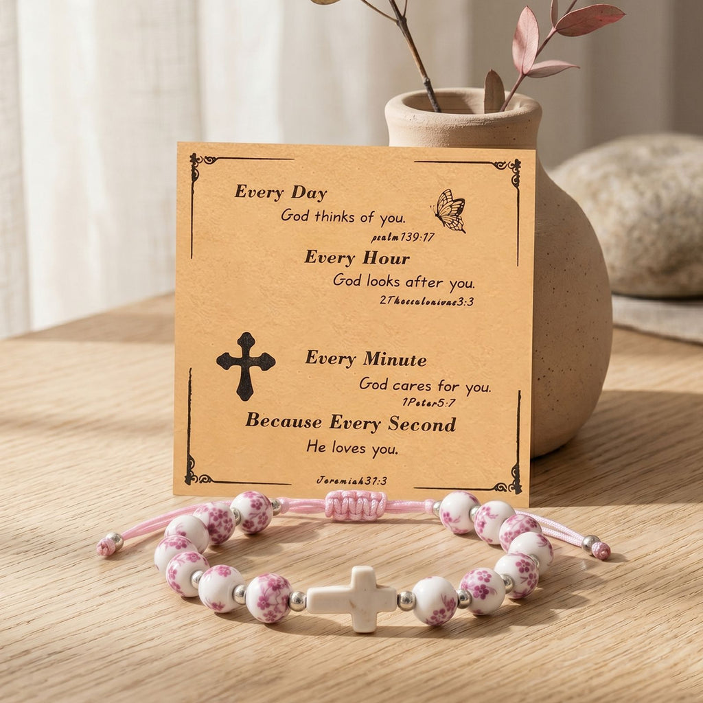 Porcelain bead cross bracelet with scripture card – photo 7