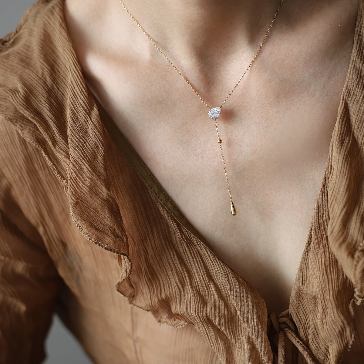 Dainty teardrop lariat necklace with sparkling pavé – photo 2