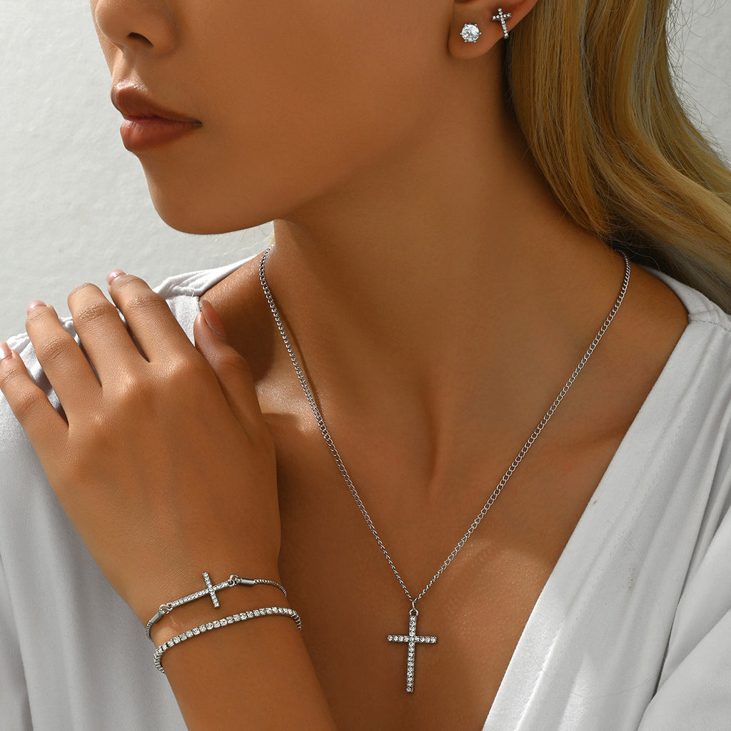 Silver-tone cross necklace, earrings and bracelet set