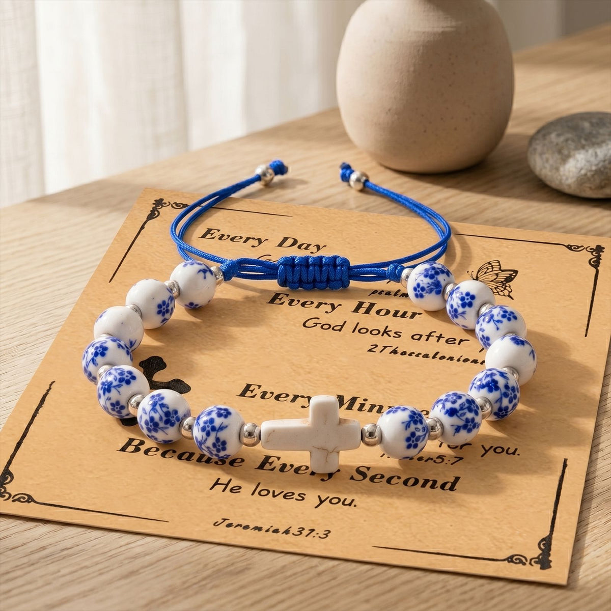 Porcelain bead cross bracelet with scripture card – photo 4