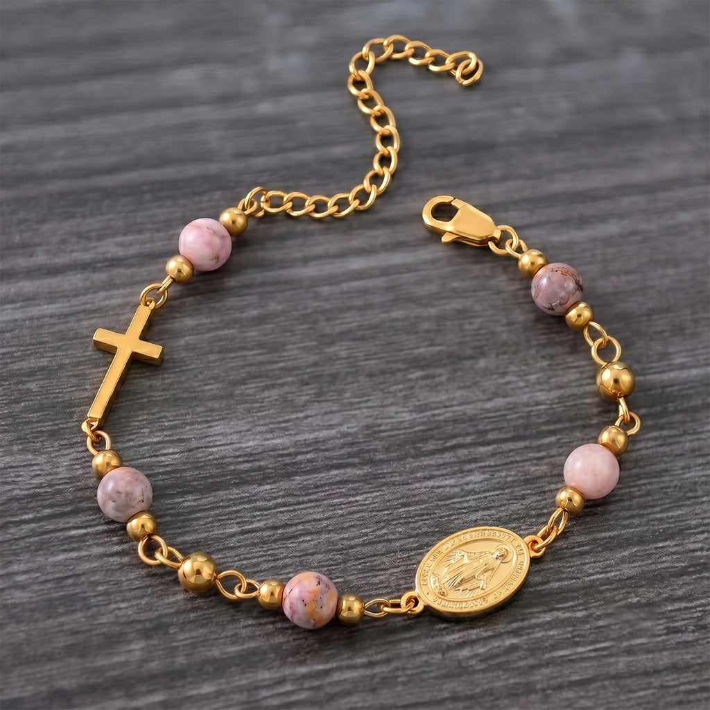 Gold-tone Miraculous Medal cross bracelet with stone beads