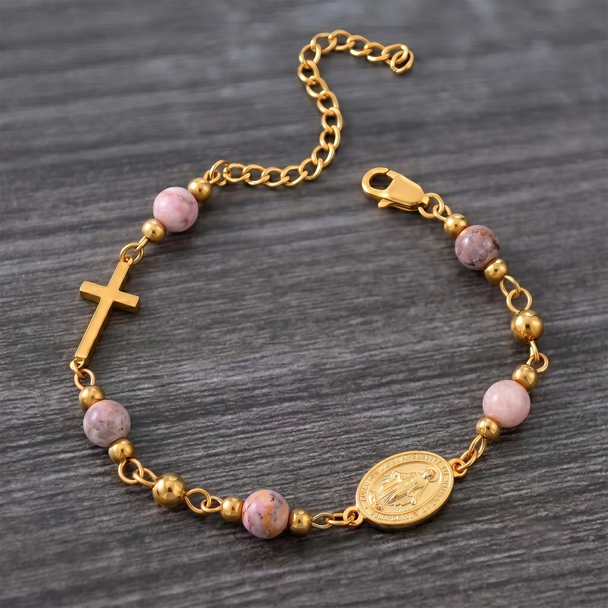 Gold-tone Miraculous Medal cross bracelet with stone beads