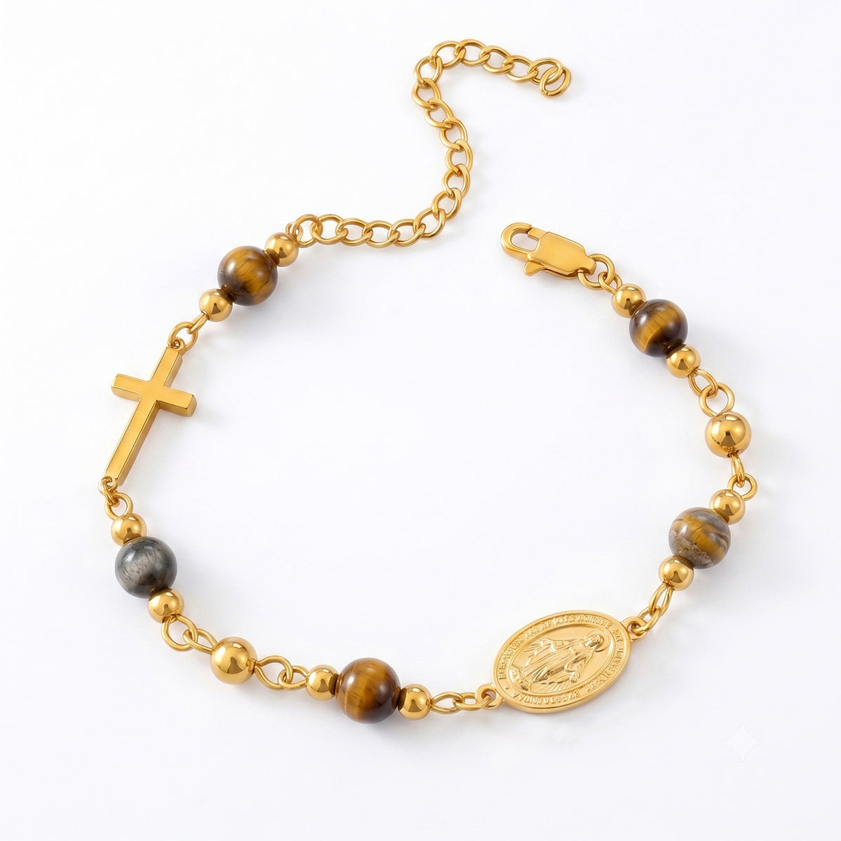 Gold-tone Miraculous Medal cross bracelet with stone beads – photo 3