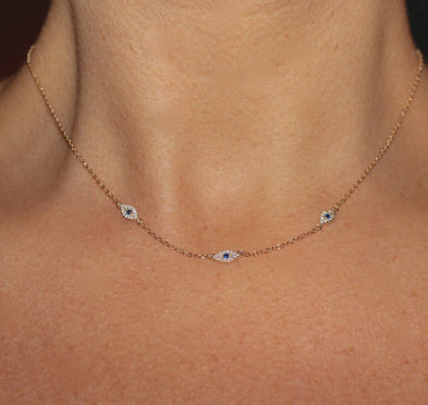 Dainty evil eye station necklace with three blue eye charms
