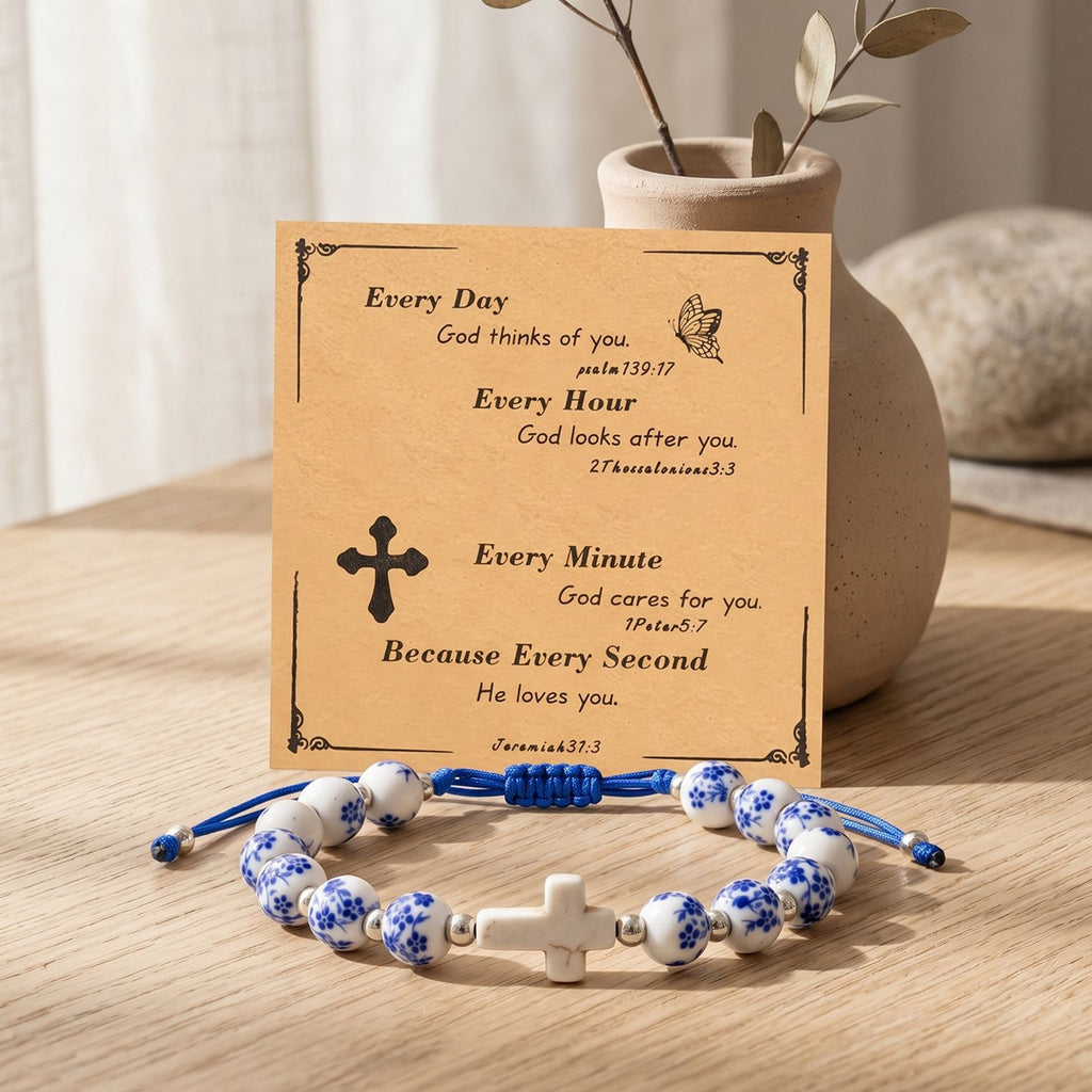 Porcelain bead cross bracelet with scripture card