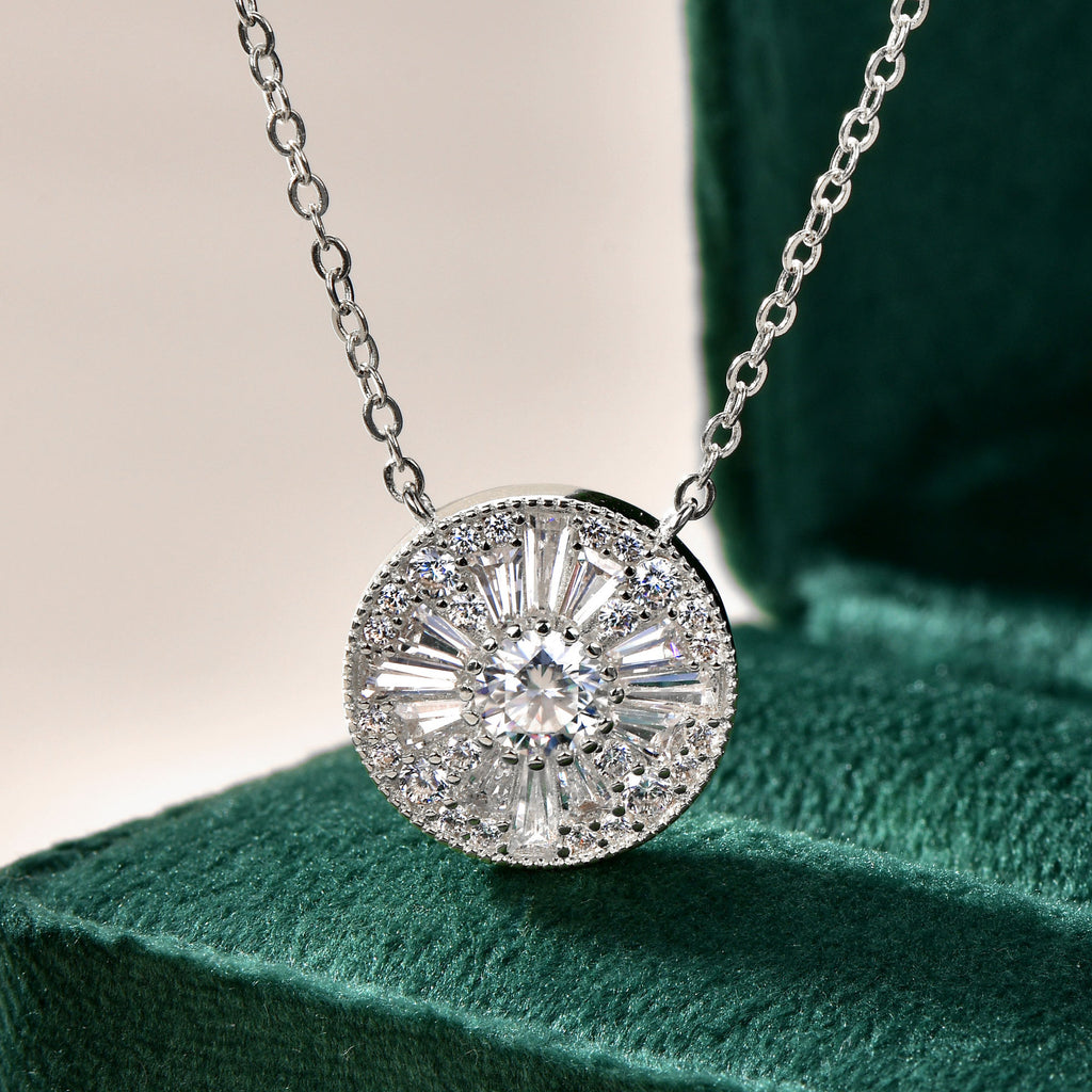 Round halo medallion necklace with sparkling stones