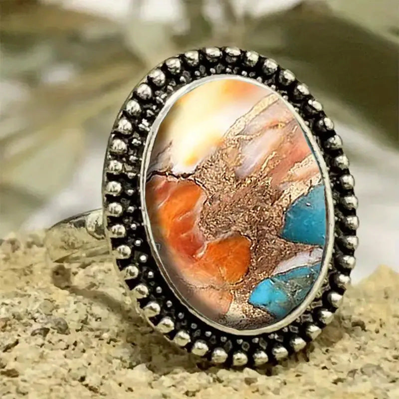 Vintage silver-tone oval statement ring with black stone – photo 5