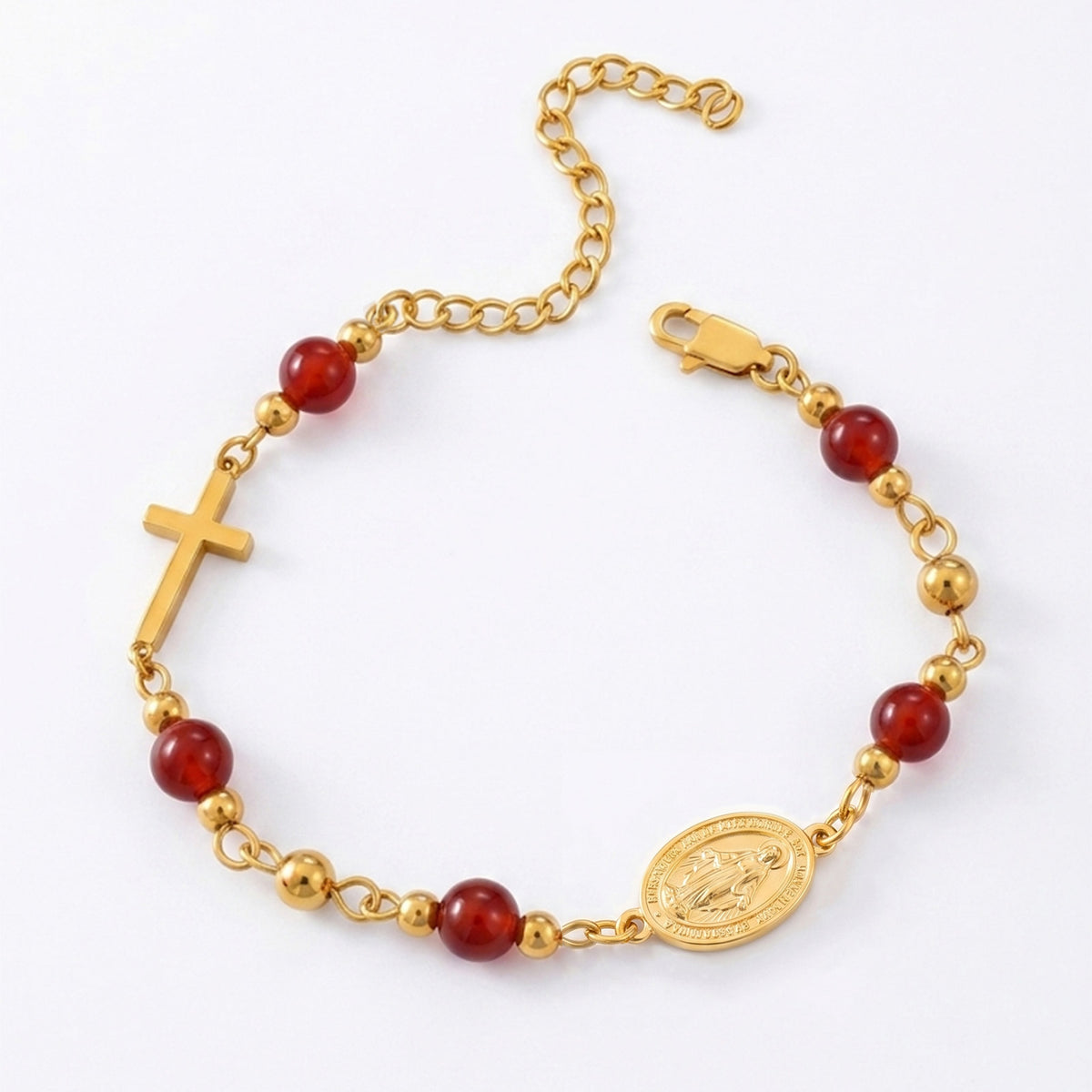 Gold-tone Miraculous Medal cross bracelet with stone beads – photo 7