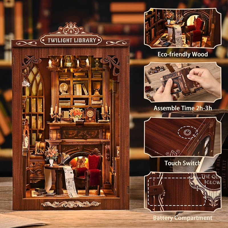 Twilight Library book nook kit lit up on a bookshelf – photo 6