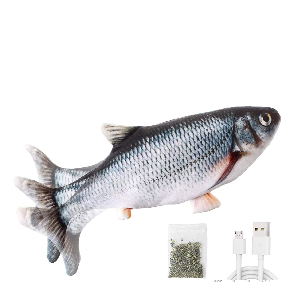 Flopping fish cat toy with USB cable and catnip